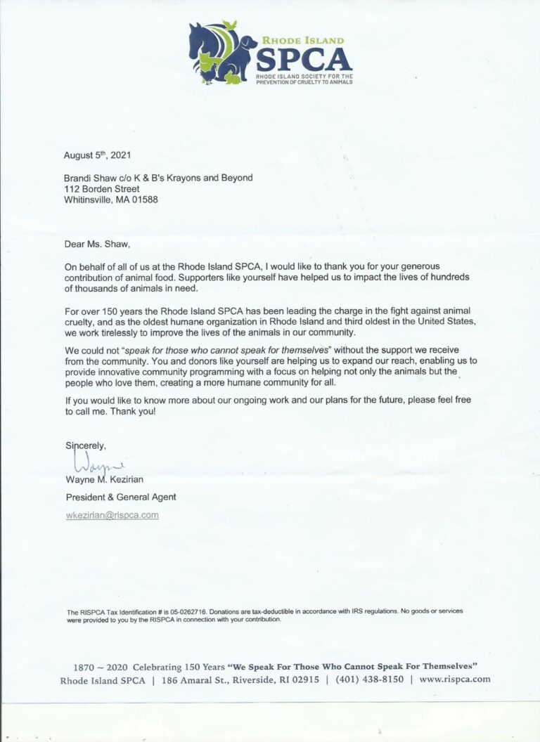 Letter from Rhode Island SPCA to donor.